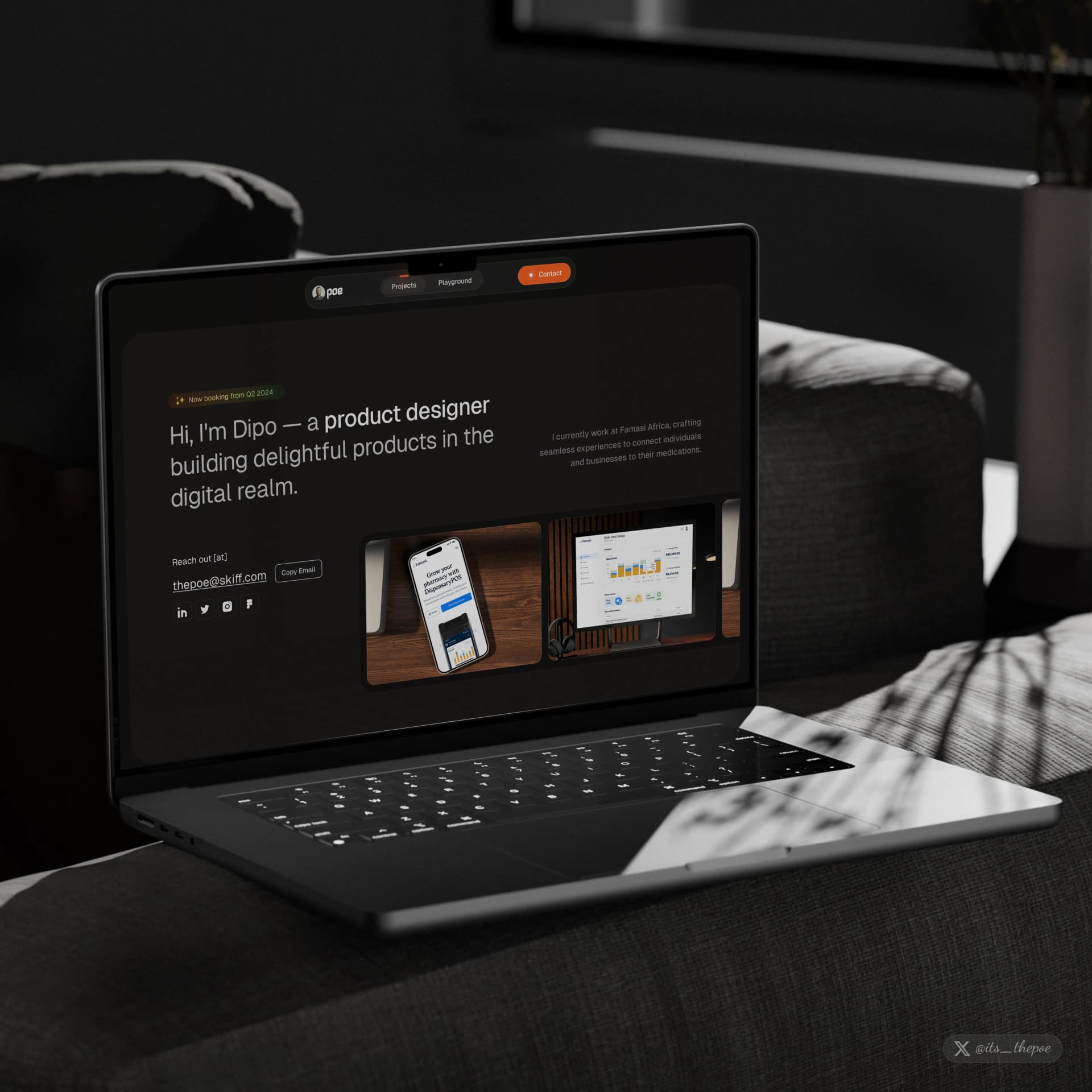 Une maison sur le web pour moi et mon travail, construite comme mon premier projet dans Framer.