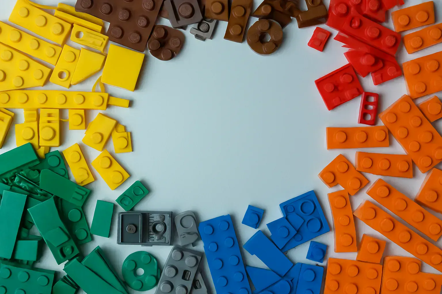 Une collection de pièces de jeu colorées en rouge, jaune, orange, vert et bleu disposées autour d’un espace blanc vide.